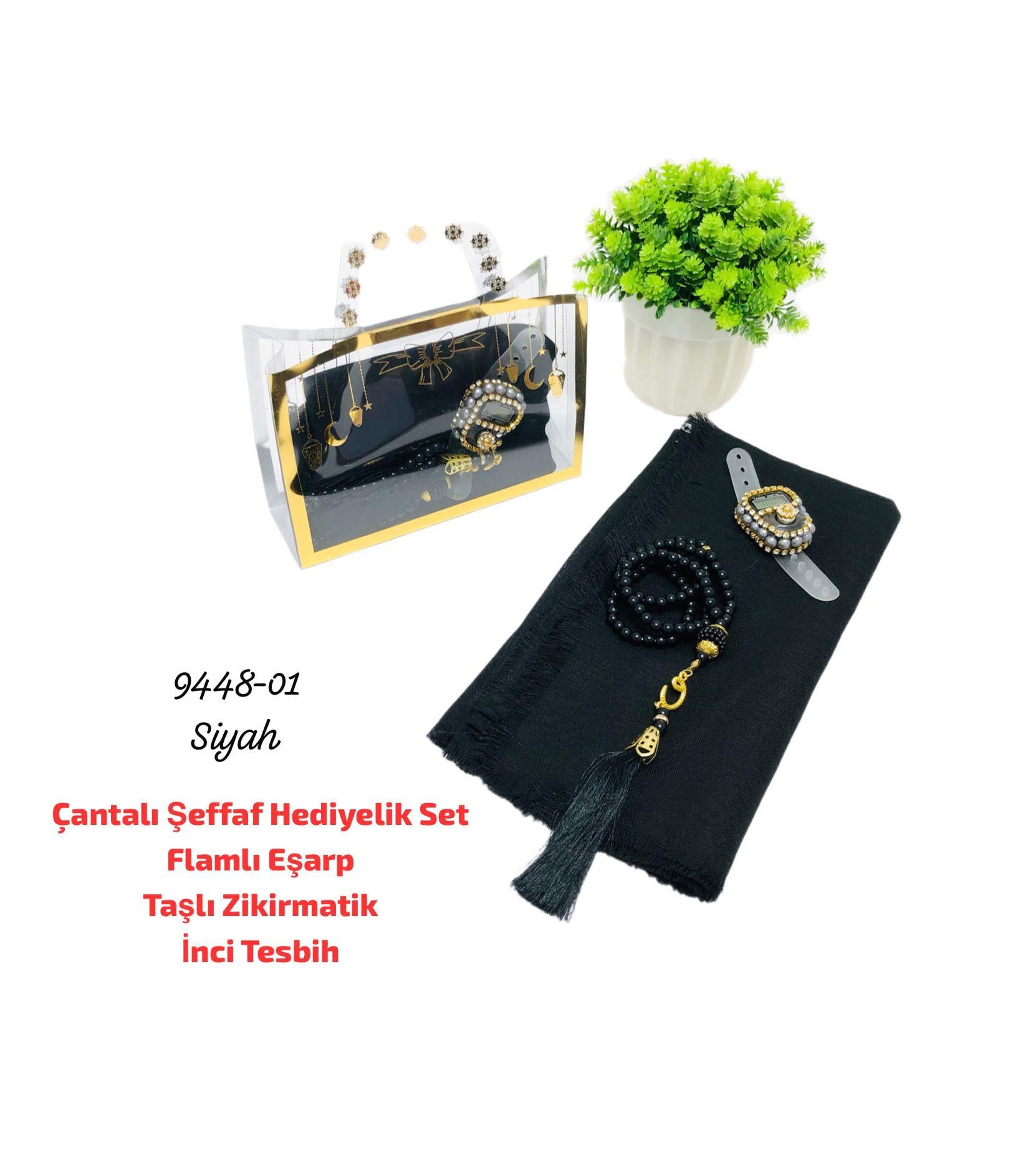 Çantalı Şeffaf Hediyelik Set Eşarp Tesbih Zikirmatik
