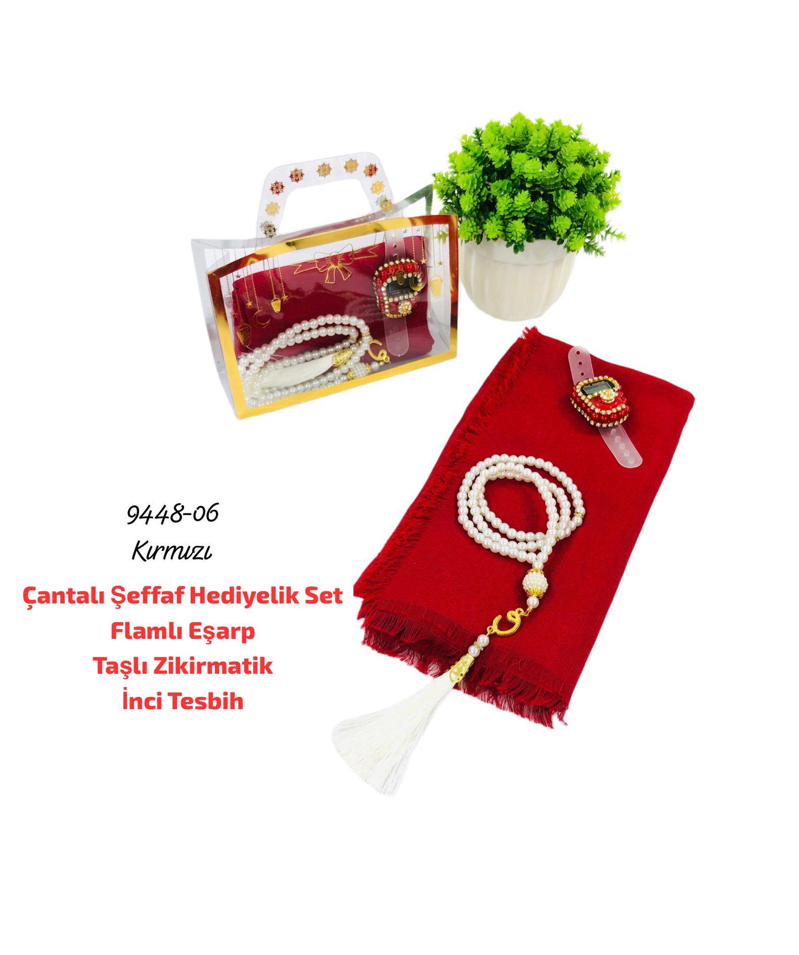 Çantalı Şeffaf Hediyelik Set Eşarp Tesbih Zikirmatik