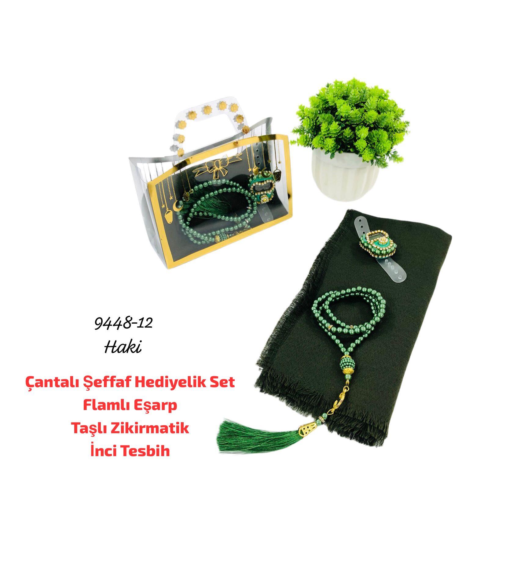 Çantalı Şeffaf Hediyelik Set Eşarp Tesbih Zikirmatik