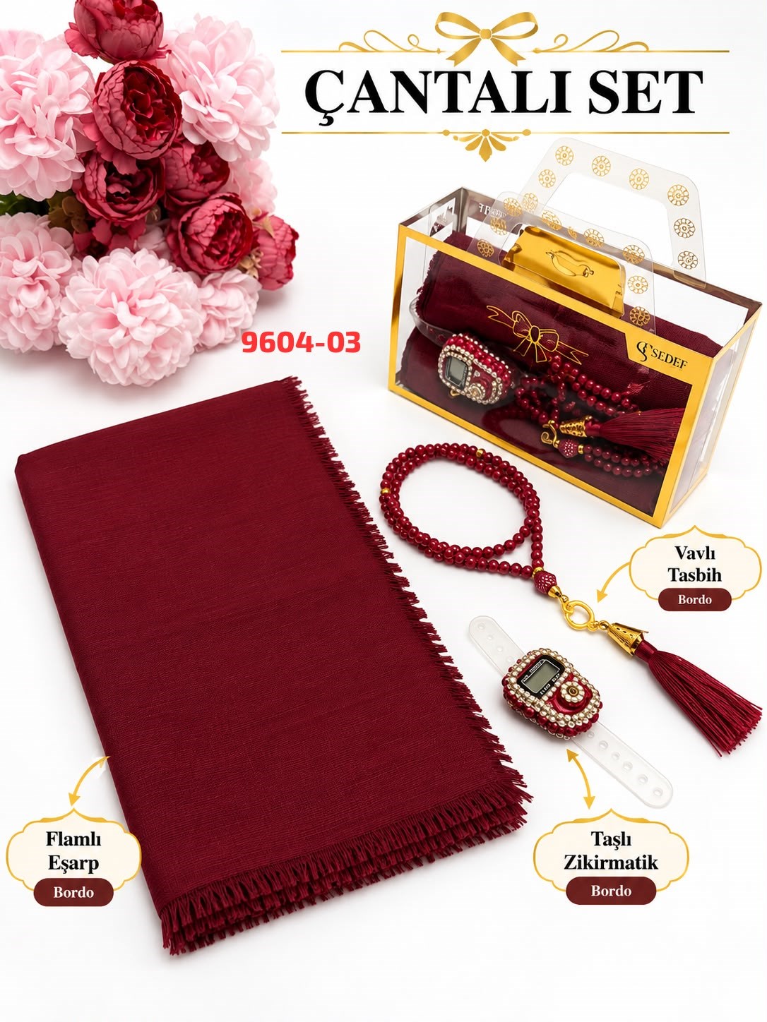 Eşarp Tesbih Taşlı Zikirmatik Çantalı Set