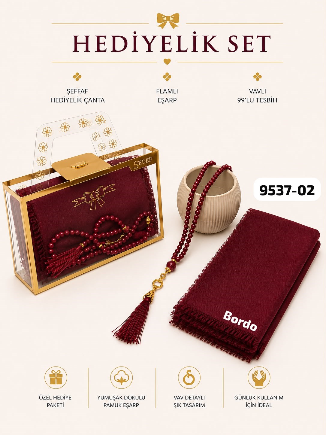 Hediyelik Çantalı Set Eşarp Tesbih