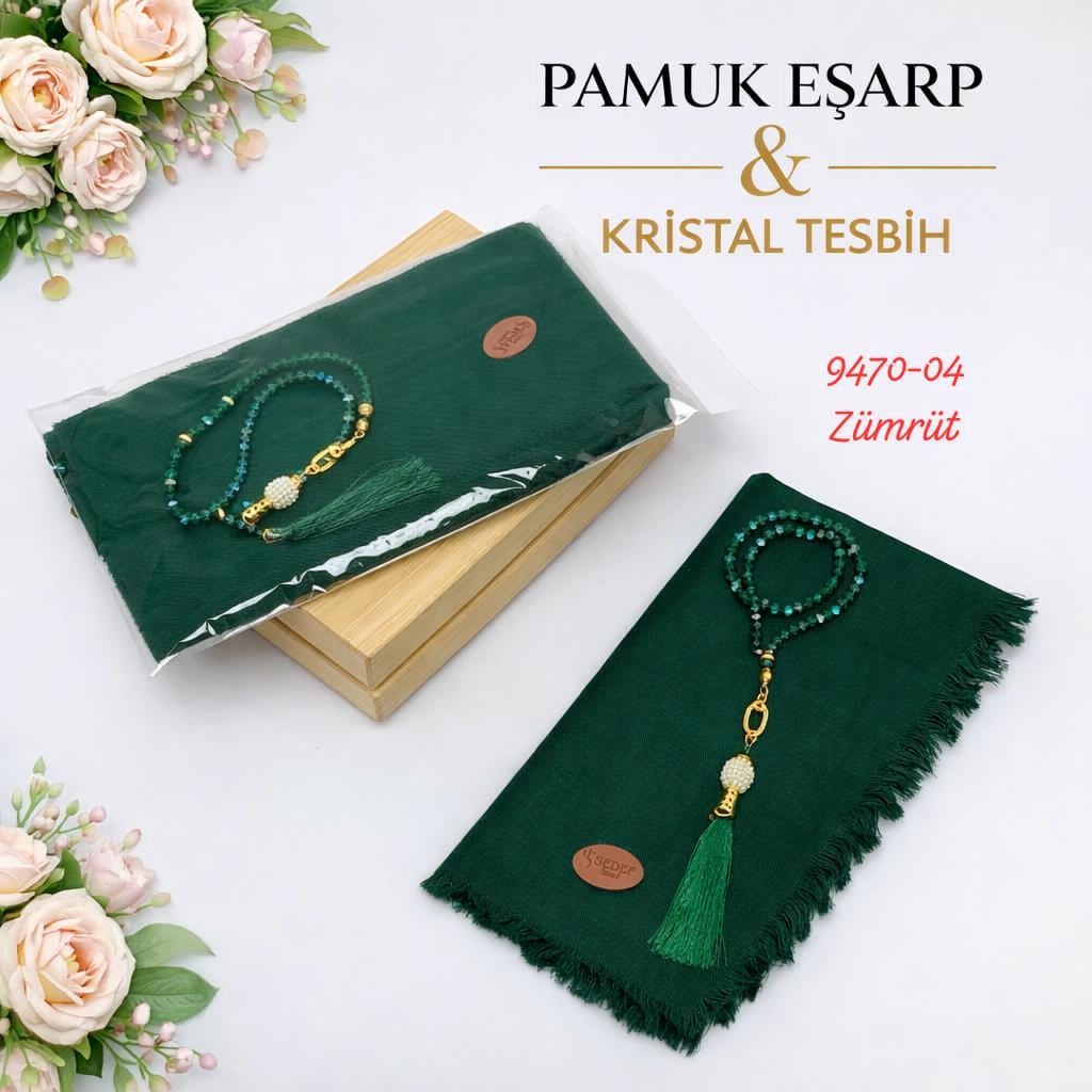 Pamuk Eşarp Kristal Tesbih Set