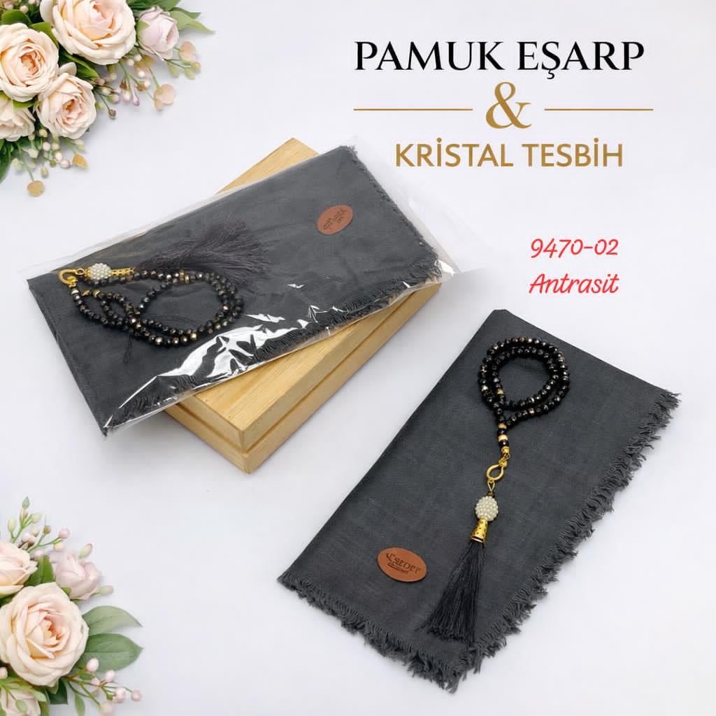 Pamuk Eşarp Kristal Tesbih Set