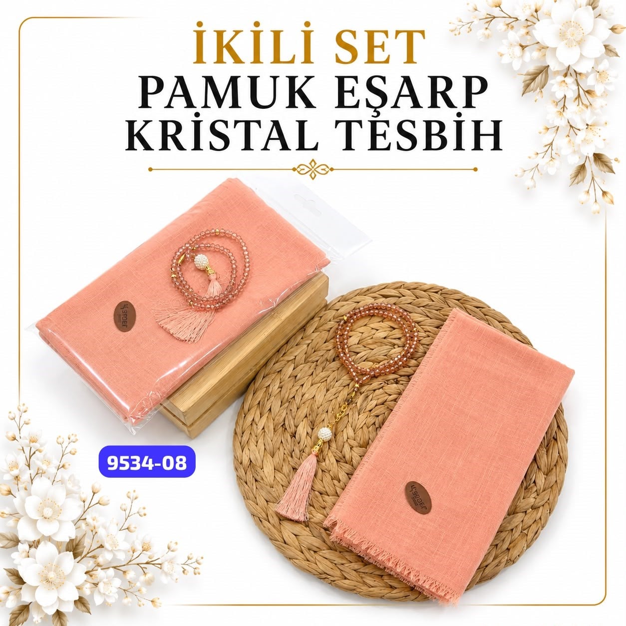 Pamuklu Eşarp Kristal Tesbih Set