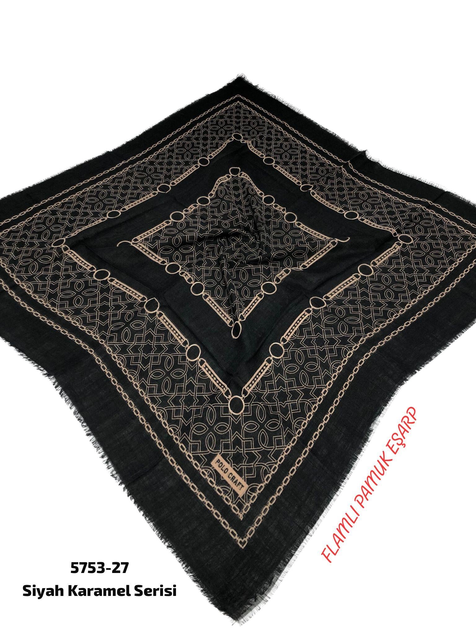 Siyah Karamel Flamlı Pamuk Eşarp
