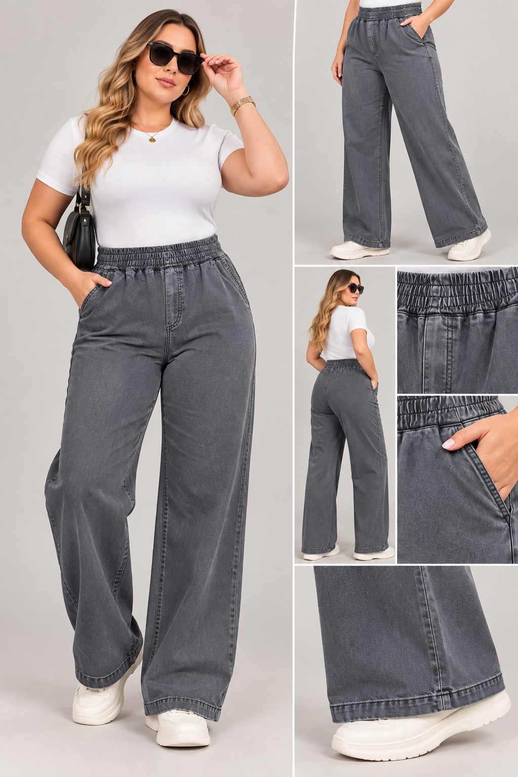 Beli Lastikli Bol Paça gri Jean