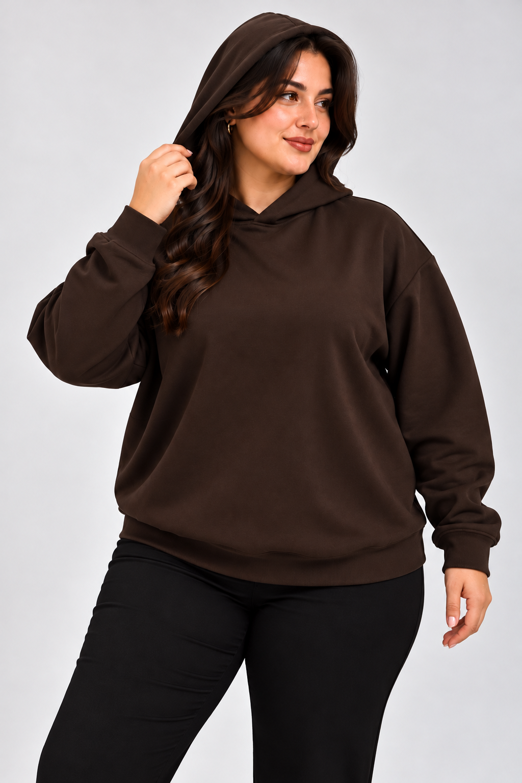 Kapüşonlu Büyük Beden Kahverengi Sweatshirt