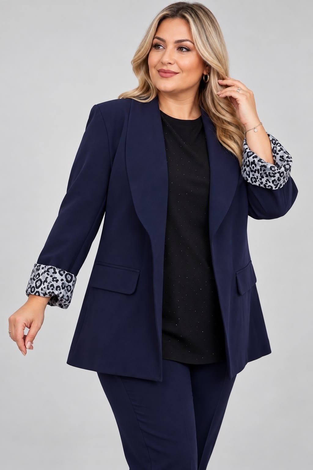 İçi Leopar Astarl Lacivert Blazer Ceket 