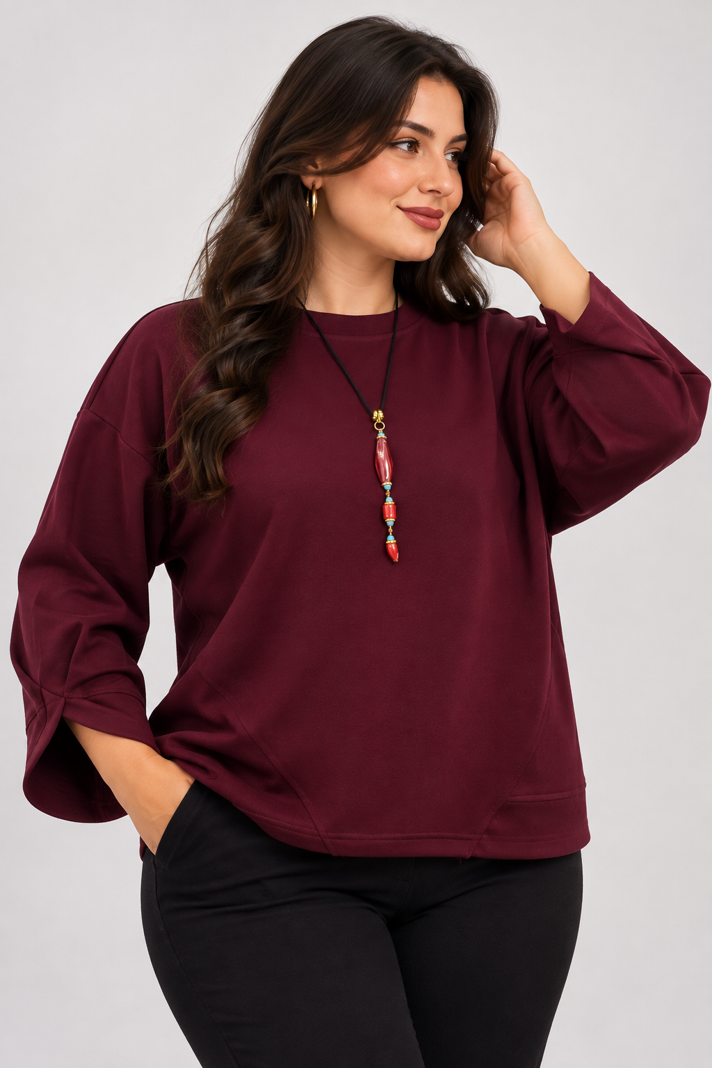 Kolyeli Bordo Asimetrik kesim Büyük Beden Sweatshirt 