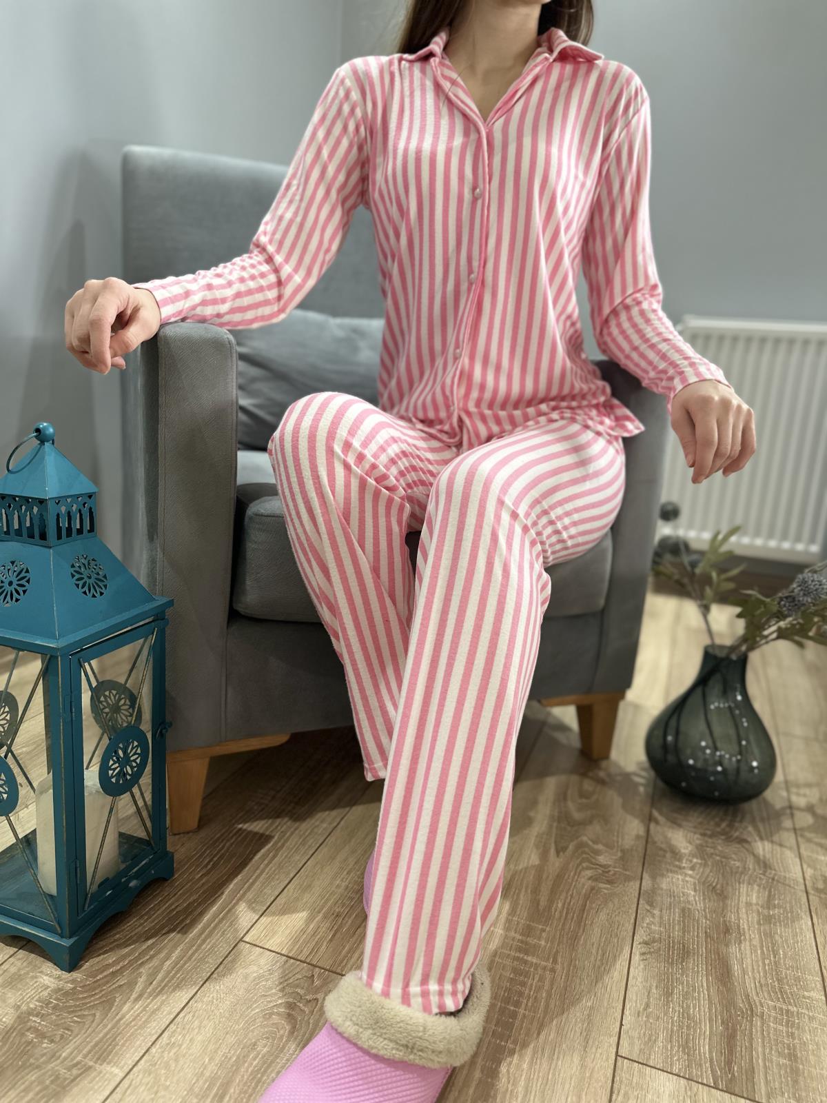 Çizgili Pijama Takım Pembe-Beyaz