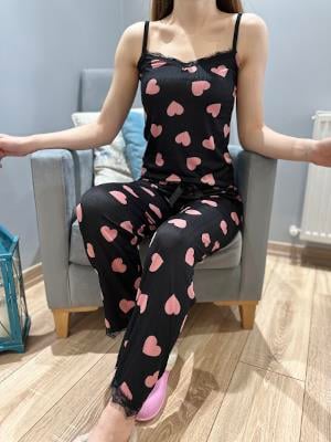Kalp Desen Askılı Pijama Takım Siyah