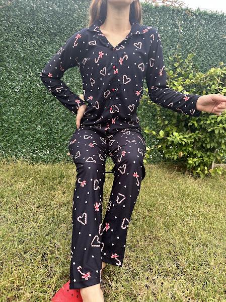 Kalp Desenli Gömlek Yaka Süet Pijama Takım