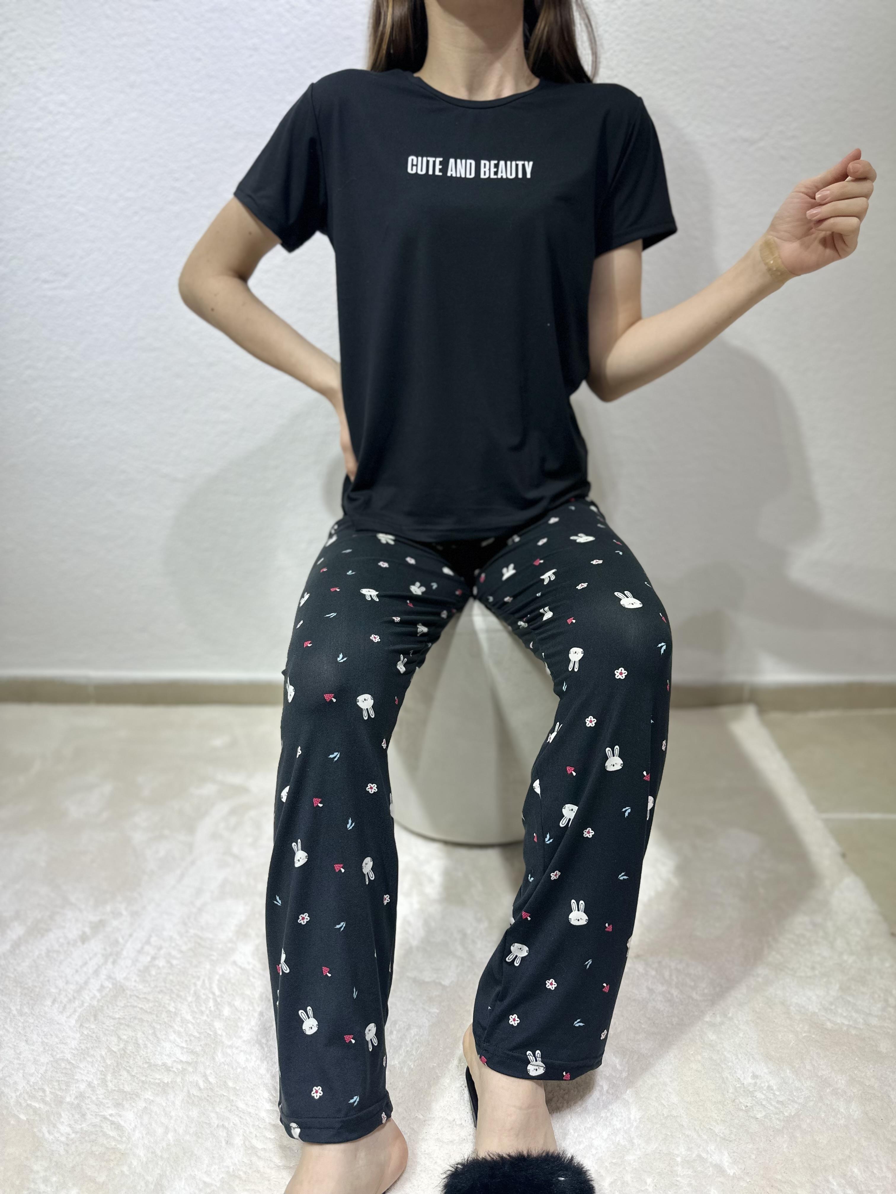Tavşan Desen Milan Pijama Takım Siyah