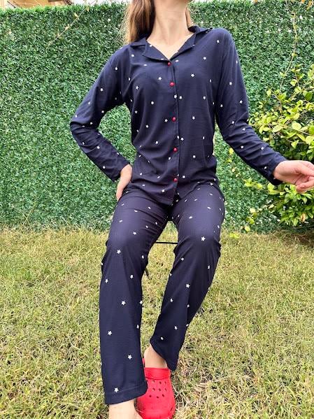 Yıldız Desenli Gömlek Yaka Pijama Takım 