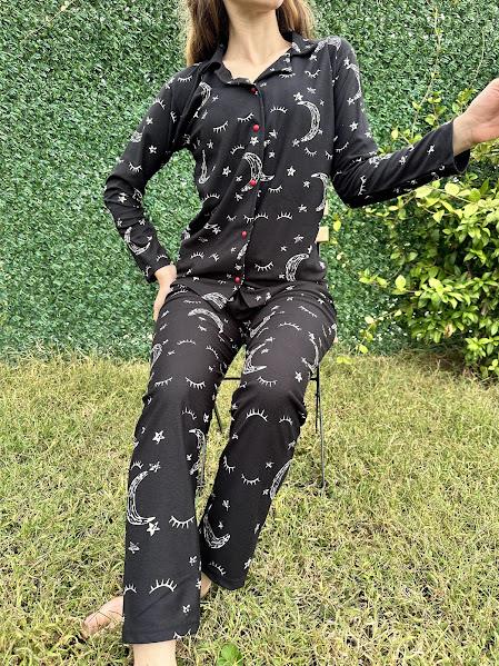 Ay Desenli Gömlek Yaka Pijama Takım Siiyah 
