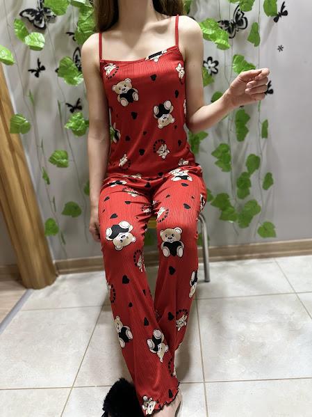 Ayıcık Desen 3 lü Pijama Takım Kırmızı