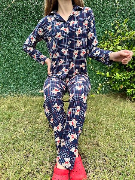 Ayıcık Desenli Gömlek Yaka Pijama Takım Lacivert
