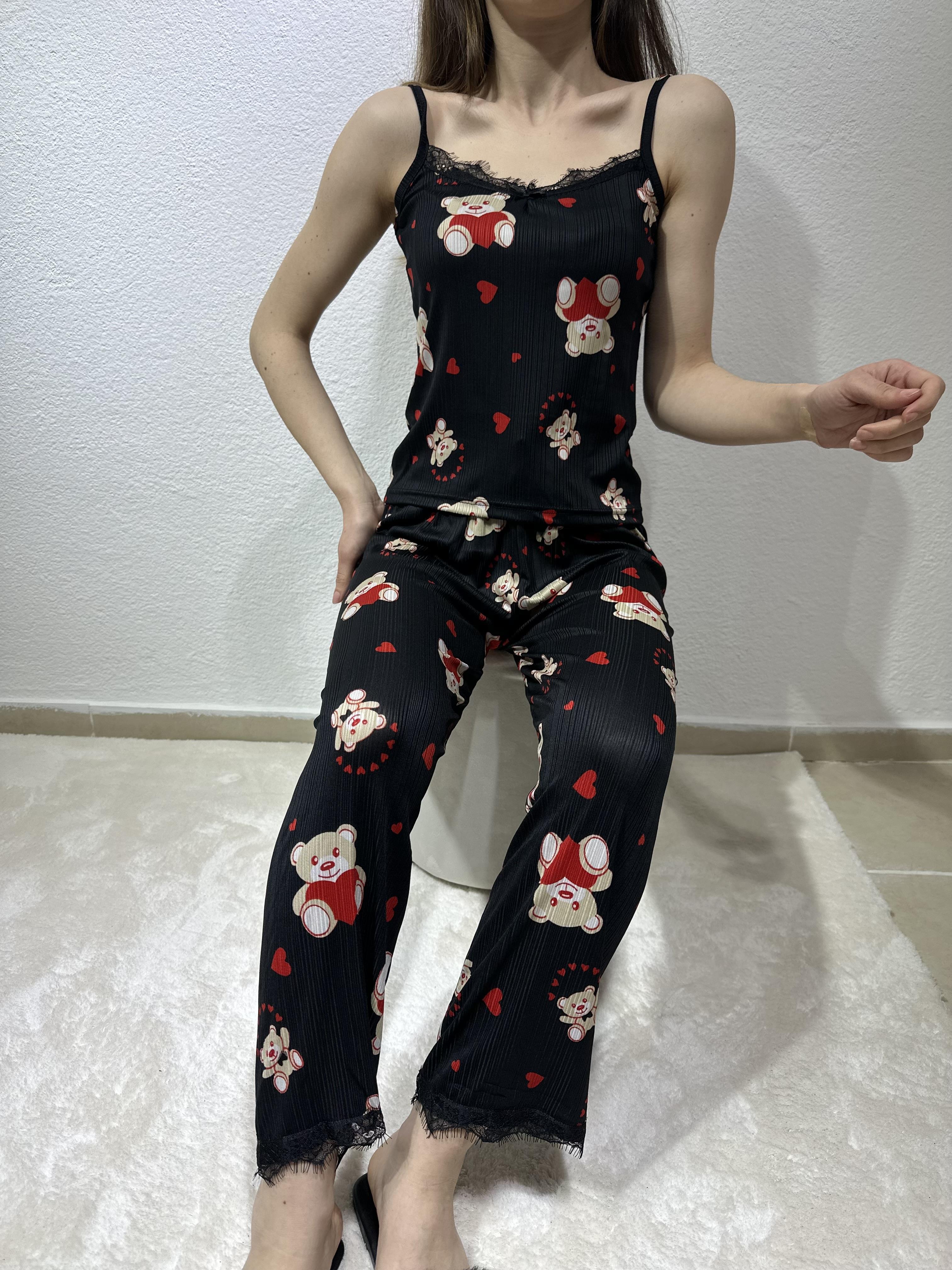 Ayıcık Desenli İp Askılı Pegasus Pijama Takım Kırmızı