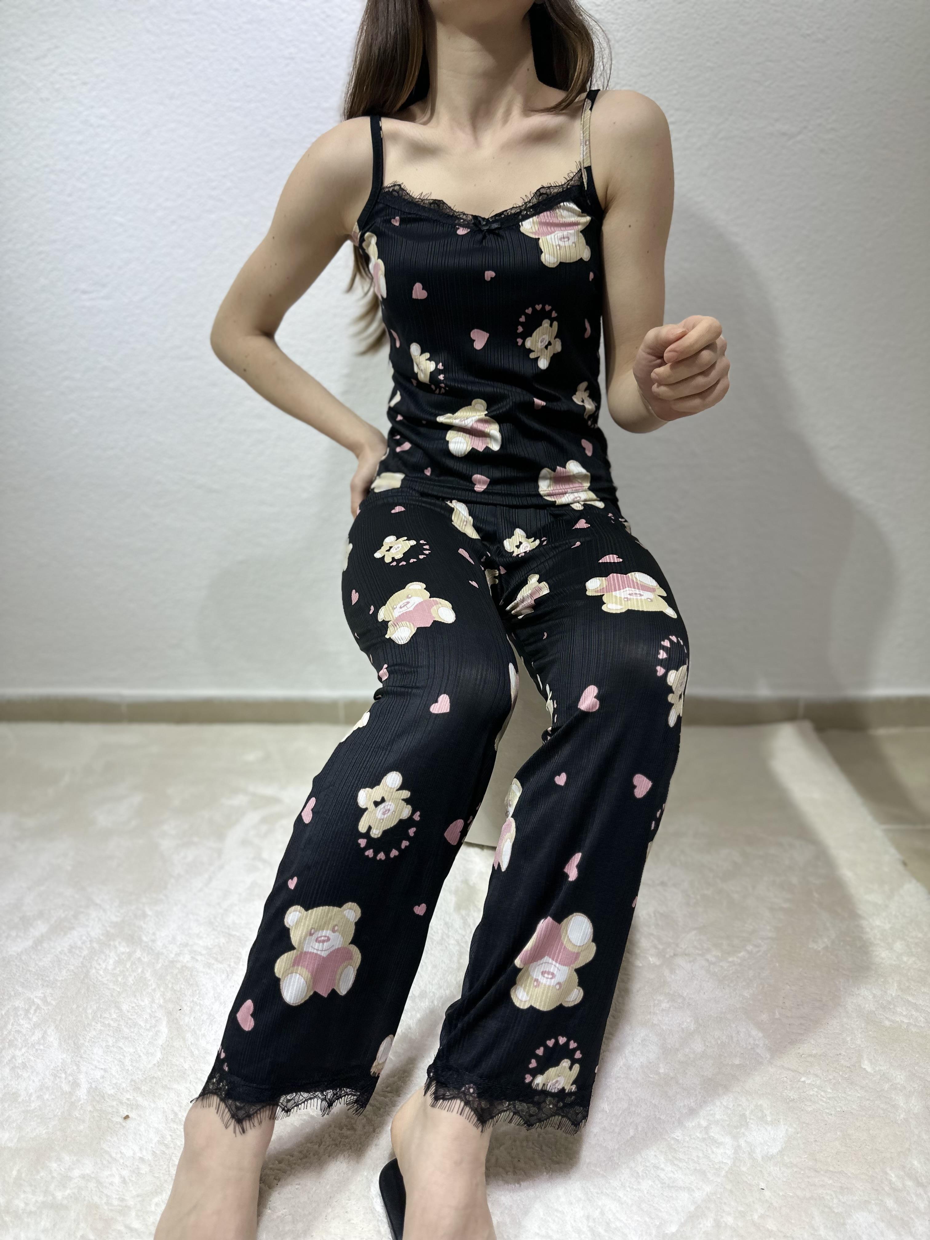 Ayıcık Desenli İp Askılı Pegasus Pijama Takım Pembe