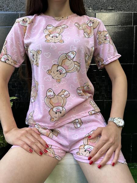 Ayıcık Desenli Kısa Kol Şort Pijama Takım Pembe