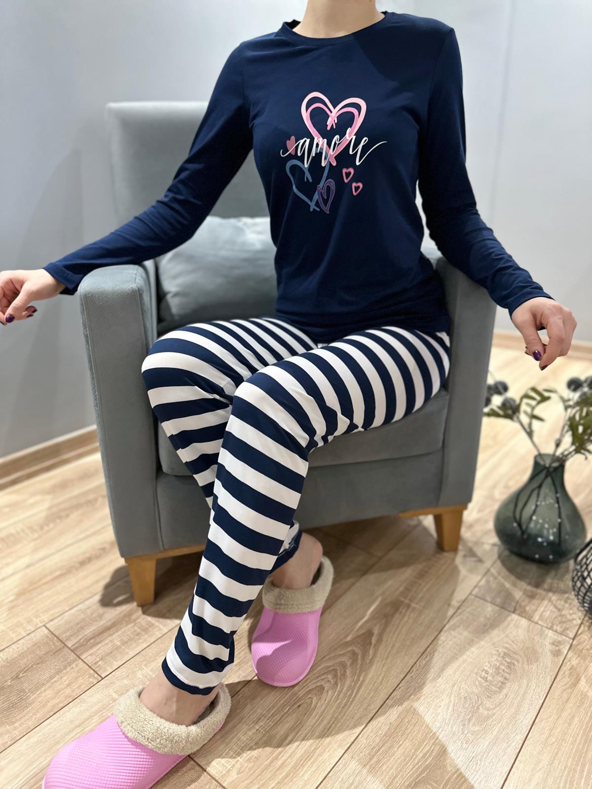 Baskı Detaylı Çizgili Pijama Takım Lacivert
