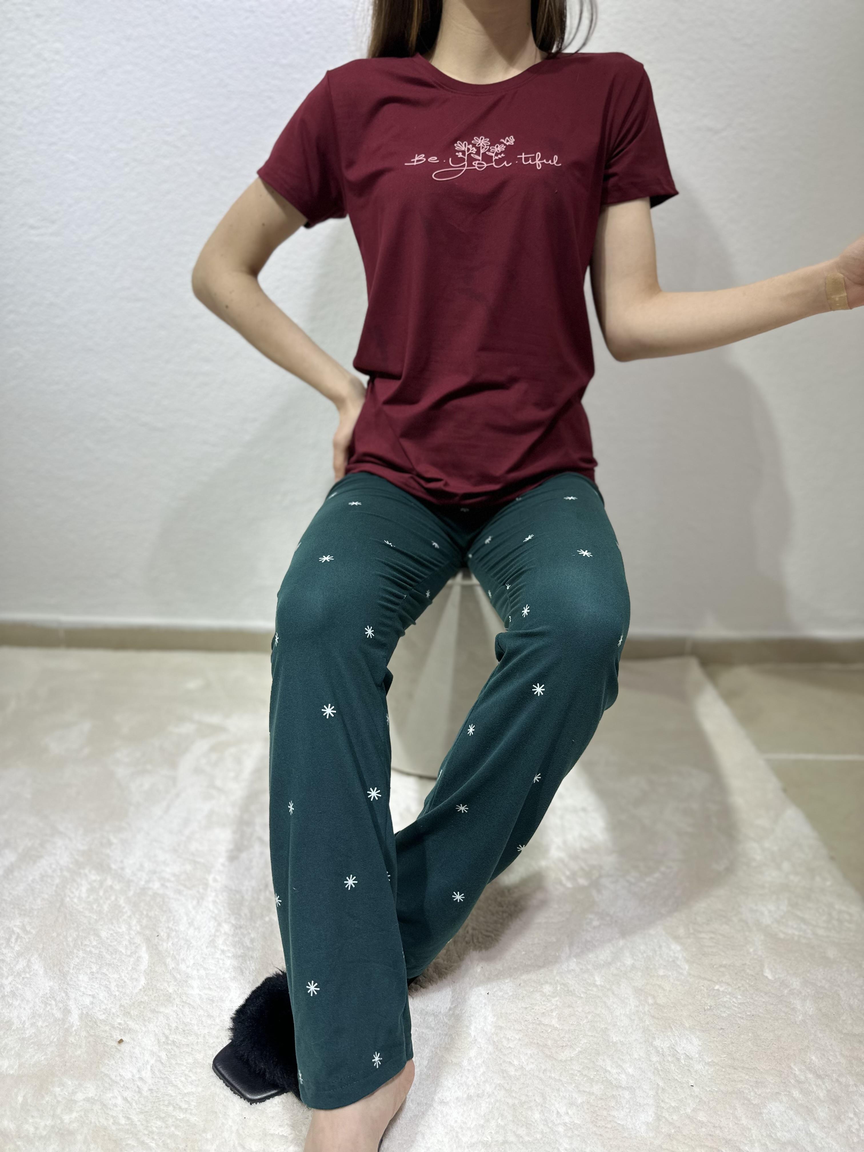 Beautıful Baskılı Kısa Kol Milan Pijama Takım Bordo-Yeşil