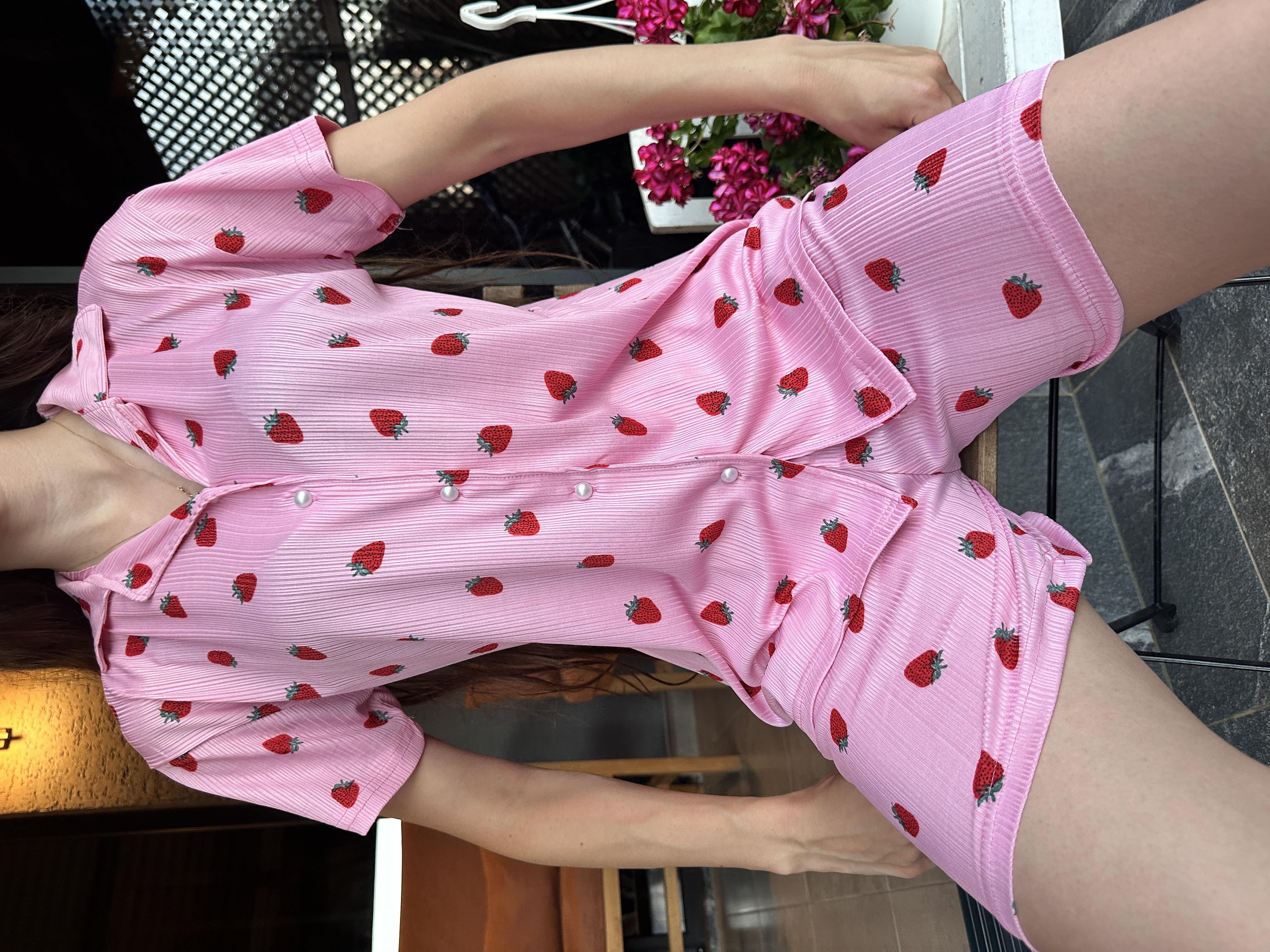 Çilek Desenli Kısa Kol Gömlek Yaka Pijama Takım Pembe
