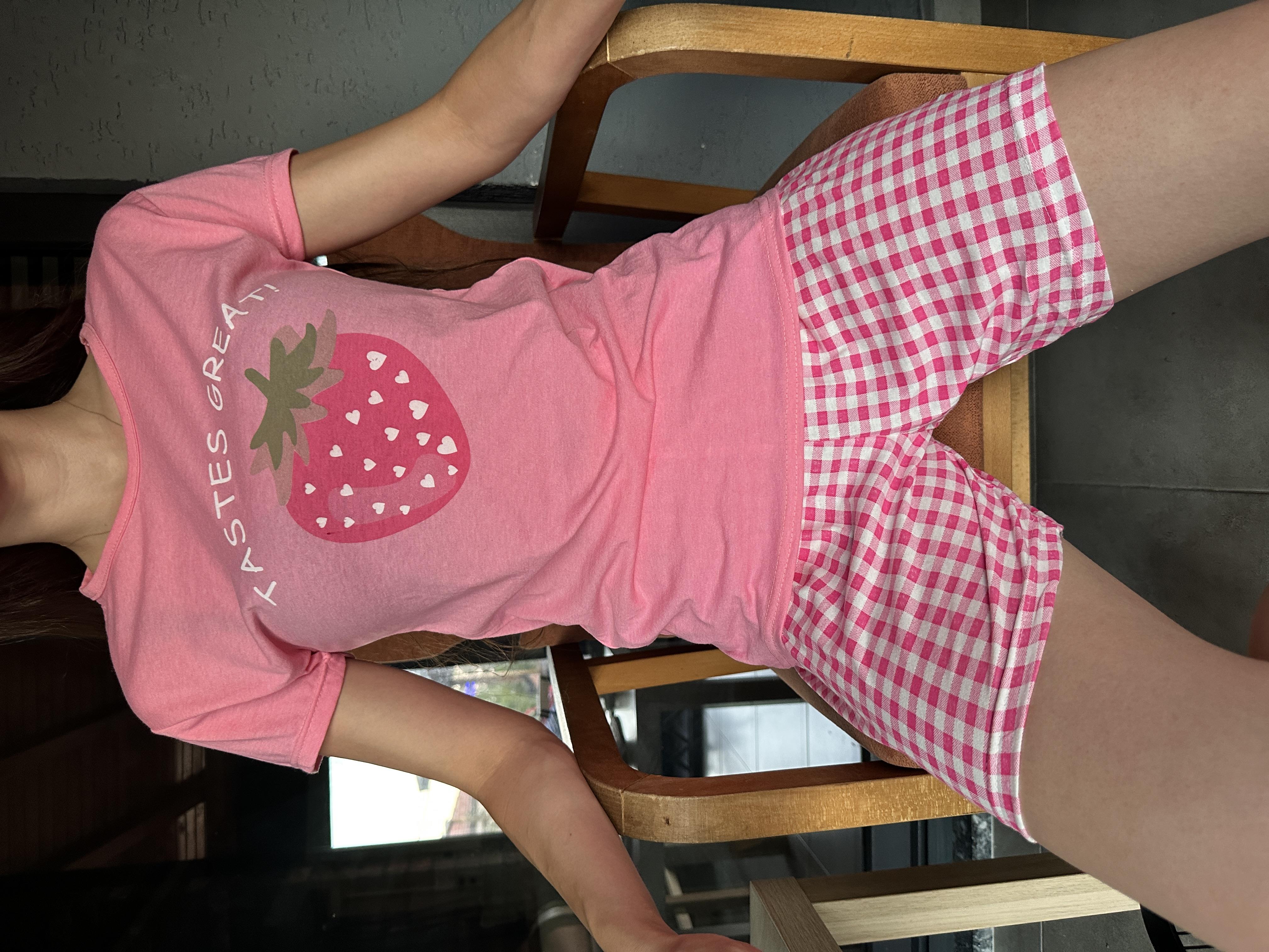 Çilek Desenli Kısa Kol Pötikareli Pijama Takım Pembe