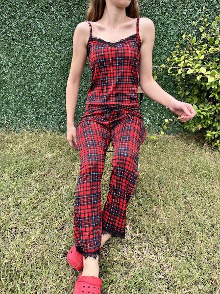 Ekose Desen İp Askılı Pijama Takım Kırmızı