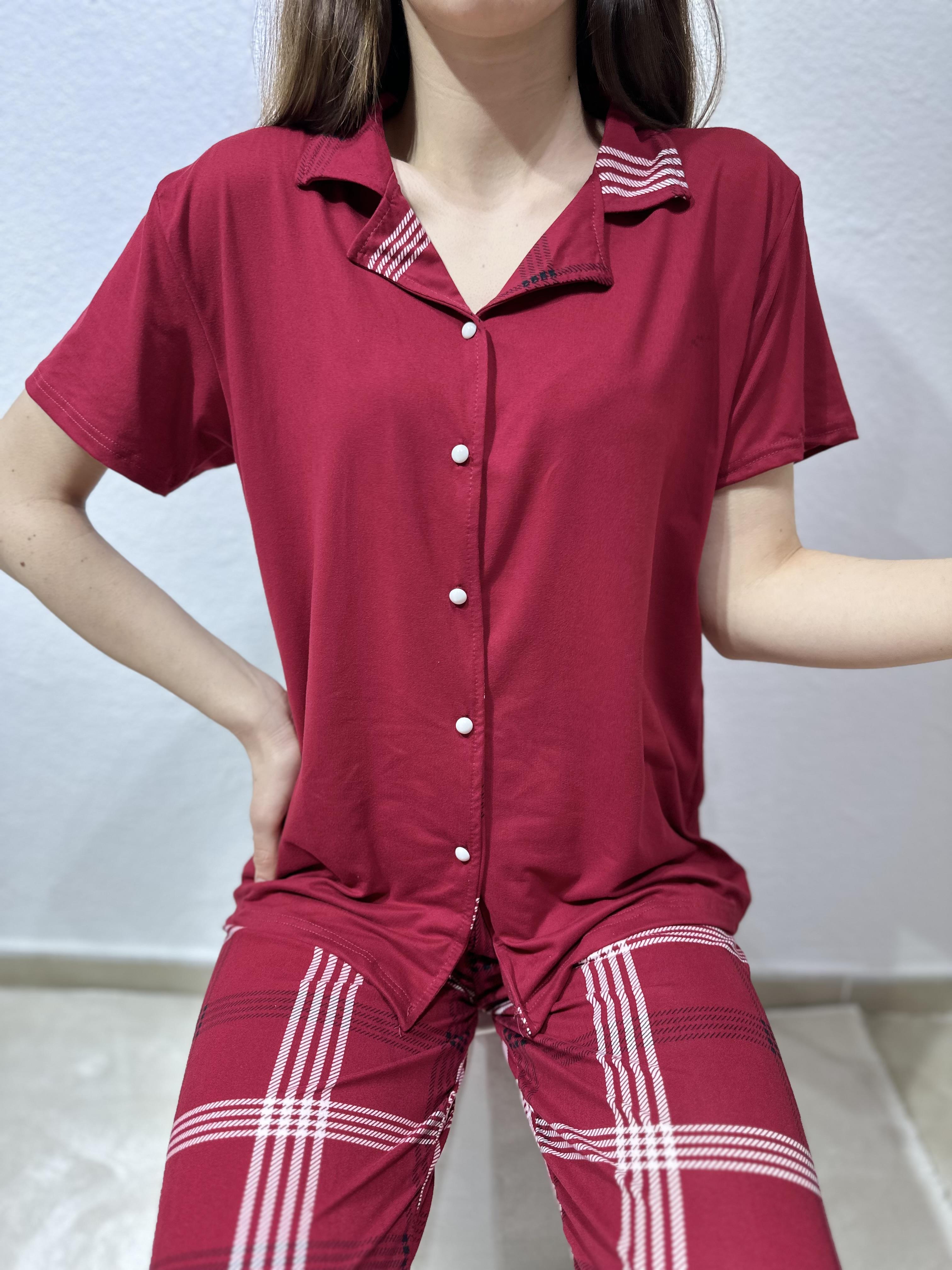 Ekose Desen Milan Gömlek Yaka Pijama Takım Kırmızı