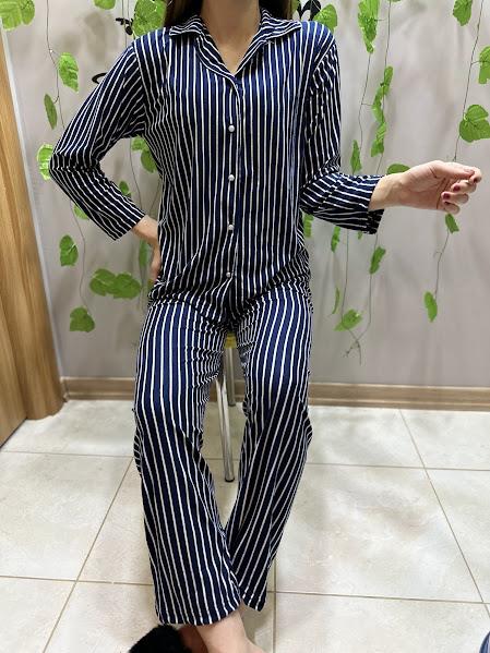 Gömlek Yaka Çizgili Pijama Takım Lacivert 