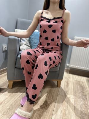 Kalp Desen Askılı Pijama Takım Pembe