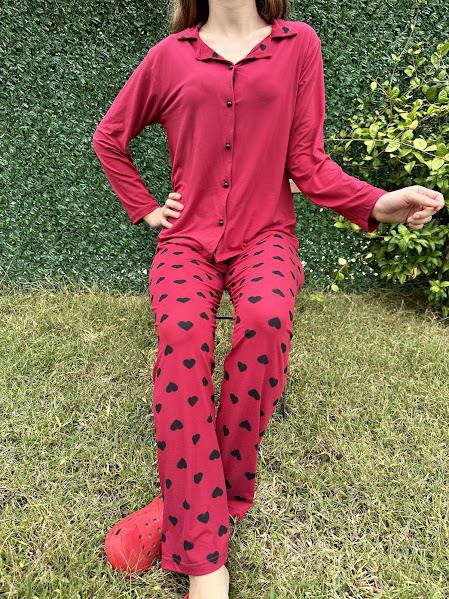 Kalp Desenli Gömlek Yaka Pijama Takım Kırmızı