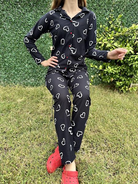 Kalp Desenli Gömlek Yaka Süet Pijama Takım Siyah 