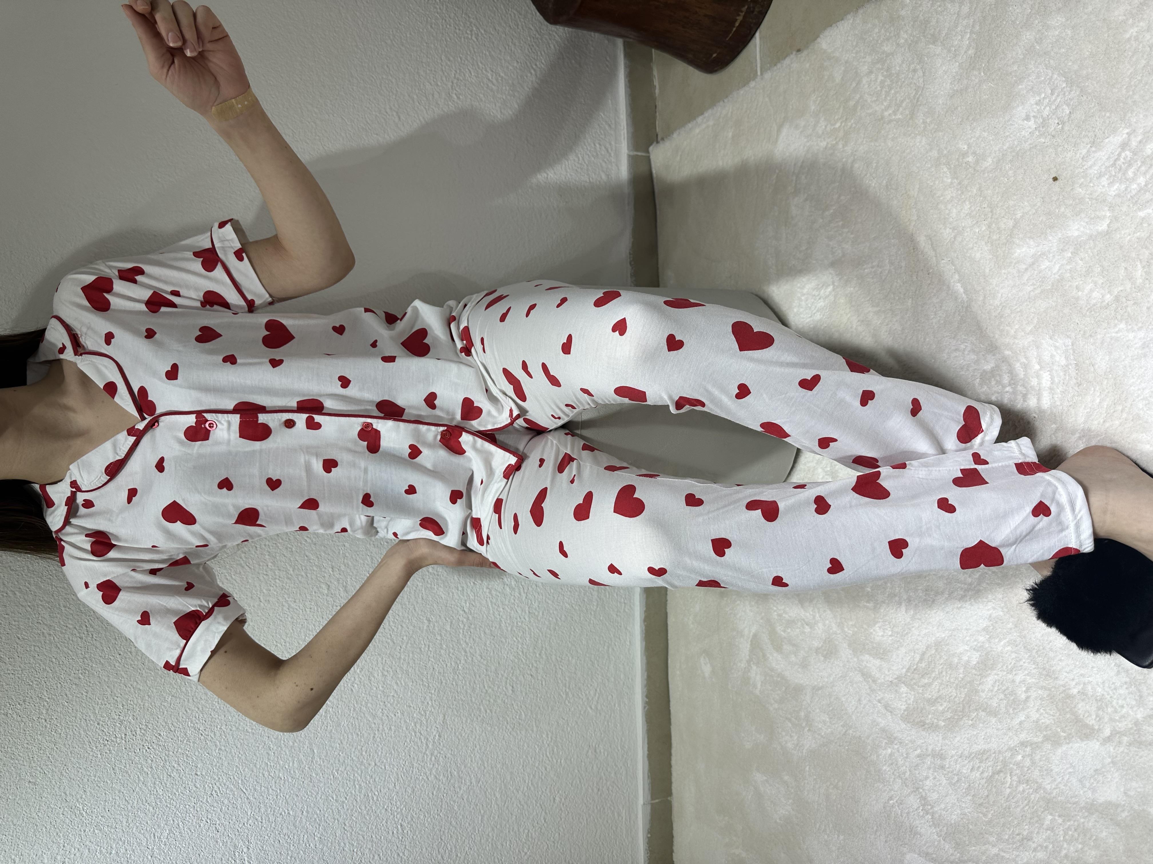 Kalp Desenli Kısa Kol Pijama Takım Beyaz
