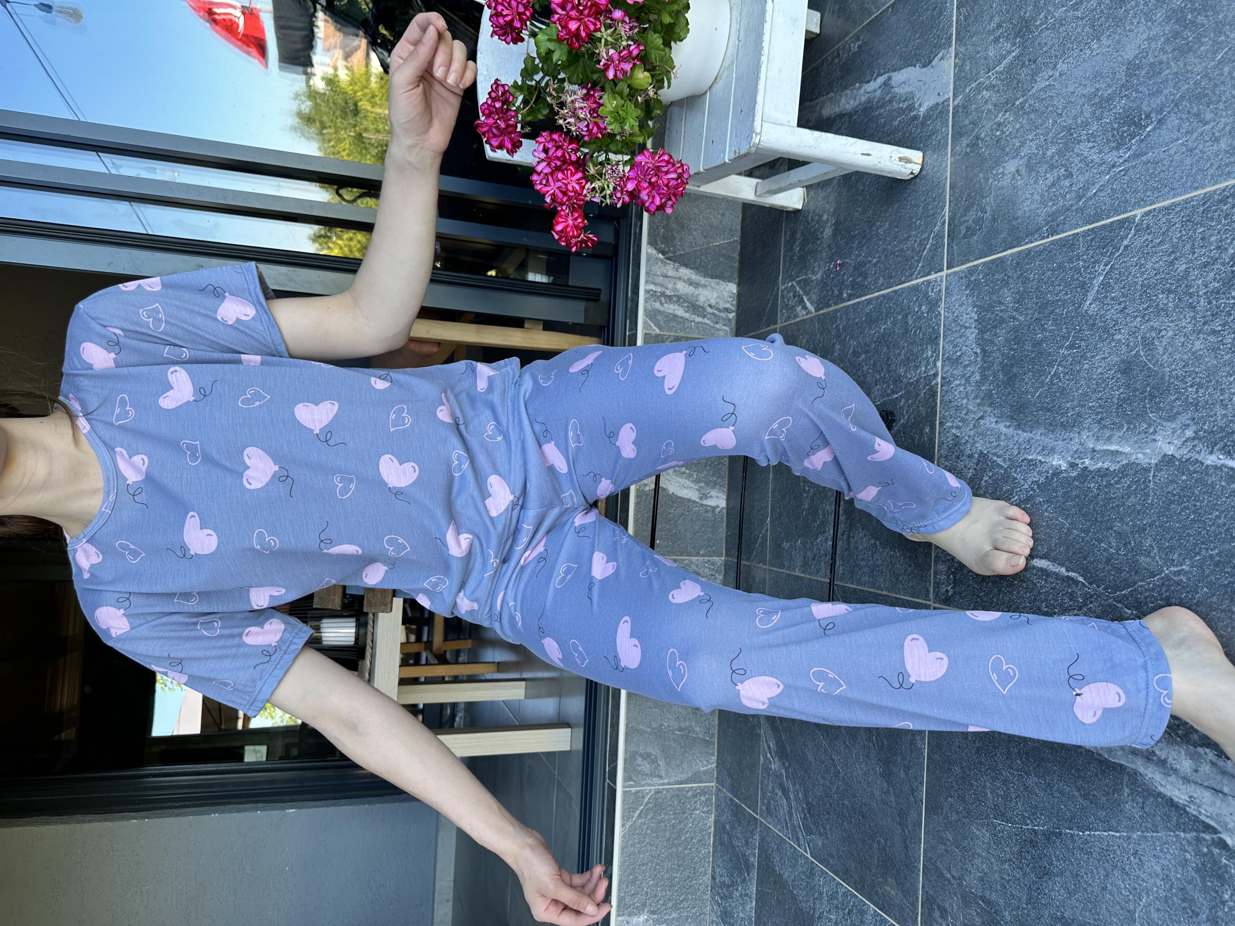 Kalp Desenli Kısa Kol Pijama Takım Gri