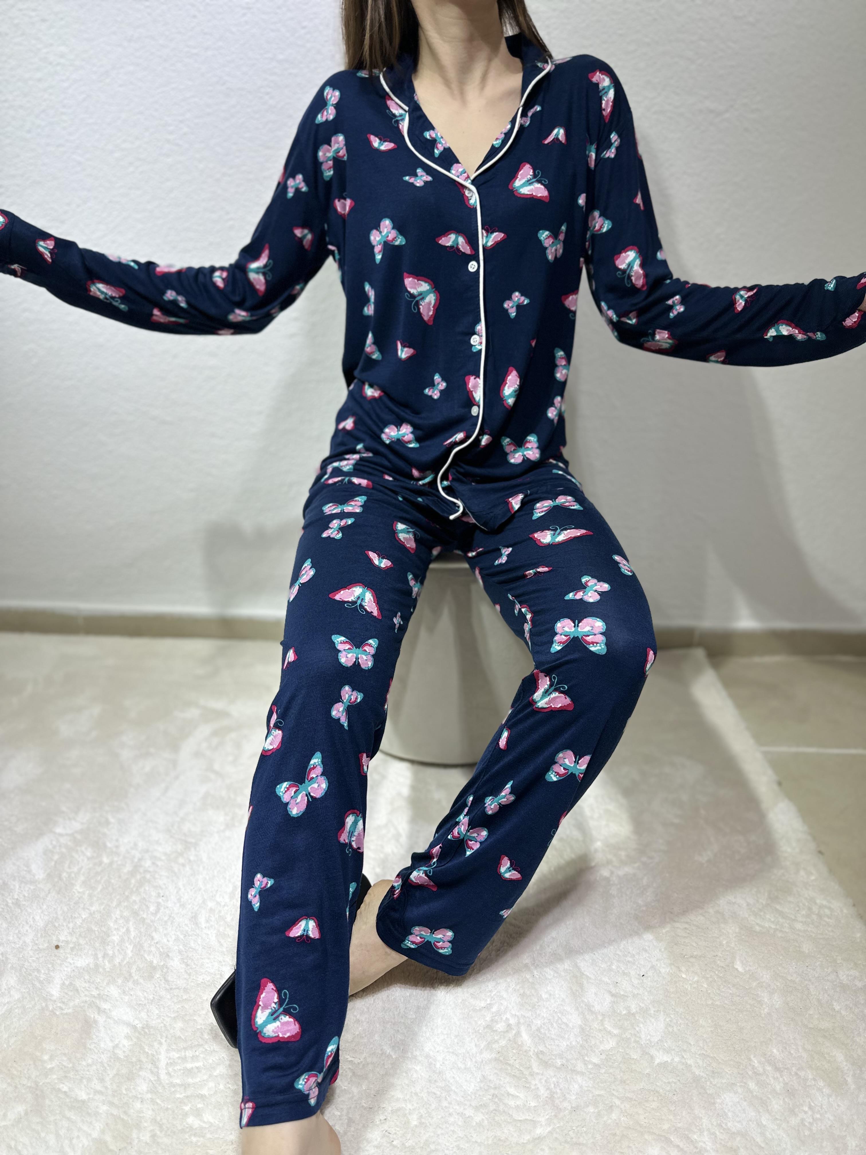 Kelebek Desenli Bambu Pijama Takım Lacivert 