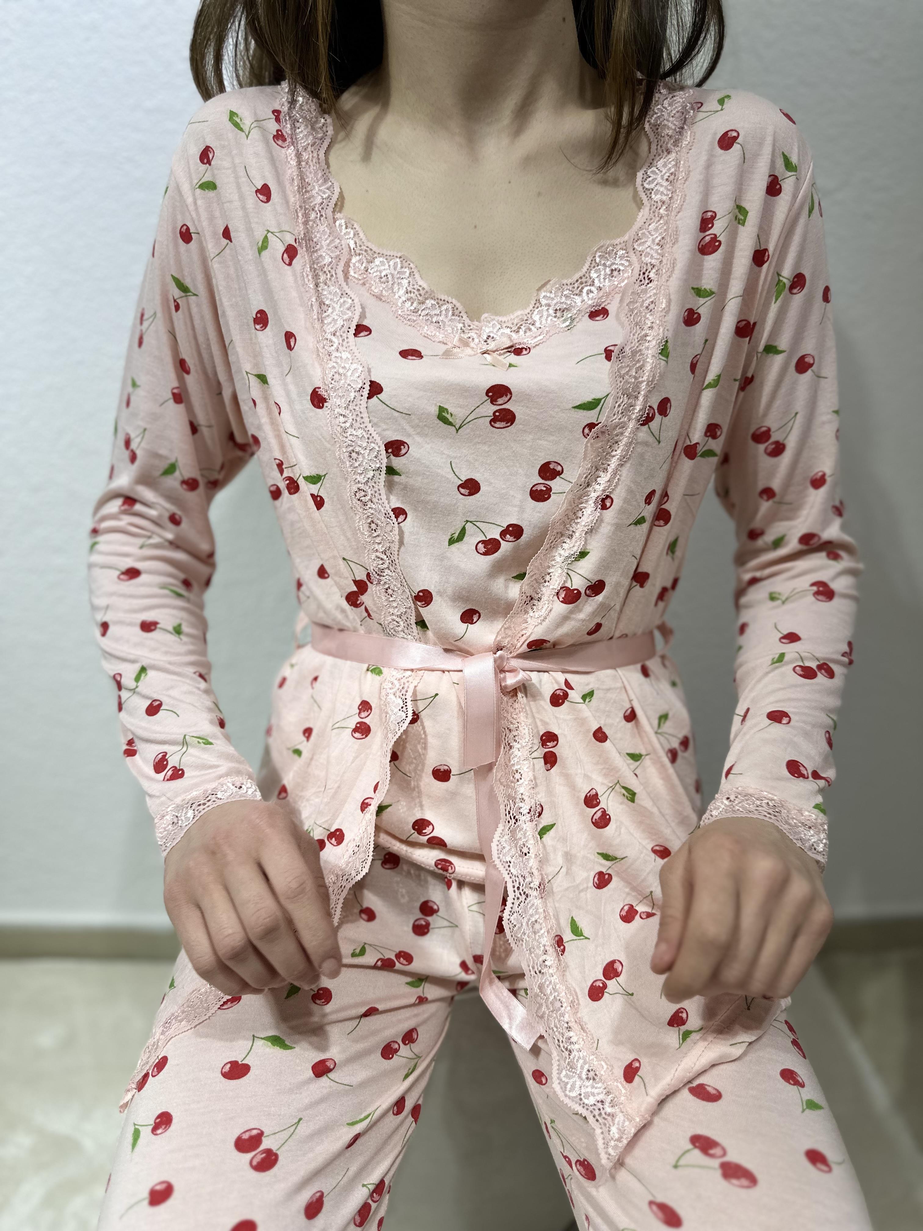 Kiraz Desenli Sabahlıklı 3'Lü Set Pudra