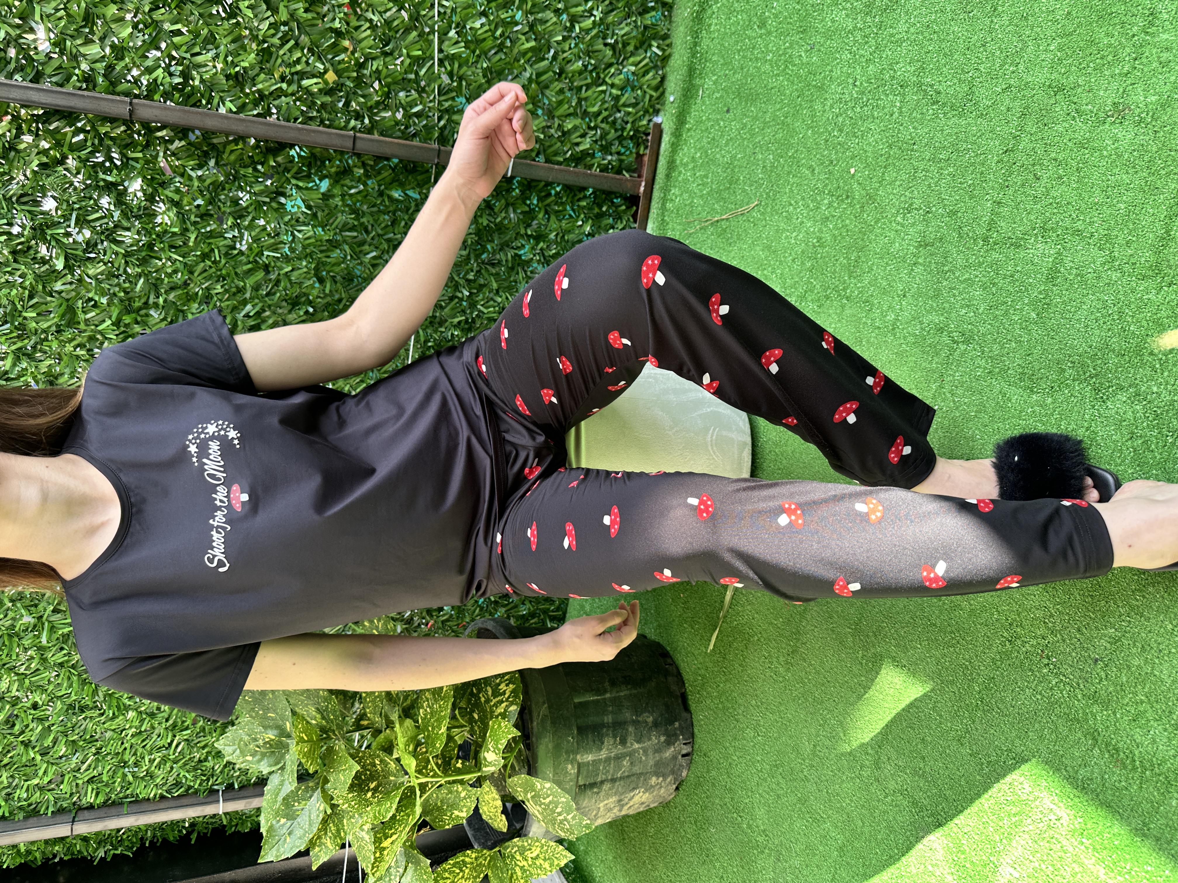 Mantar Desenli Kısa Kol Milan Pijama Takım Siyah