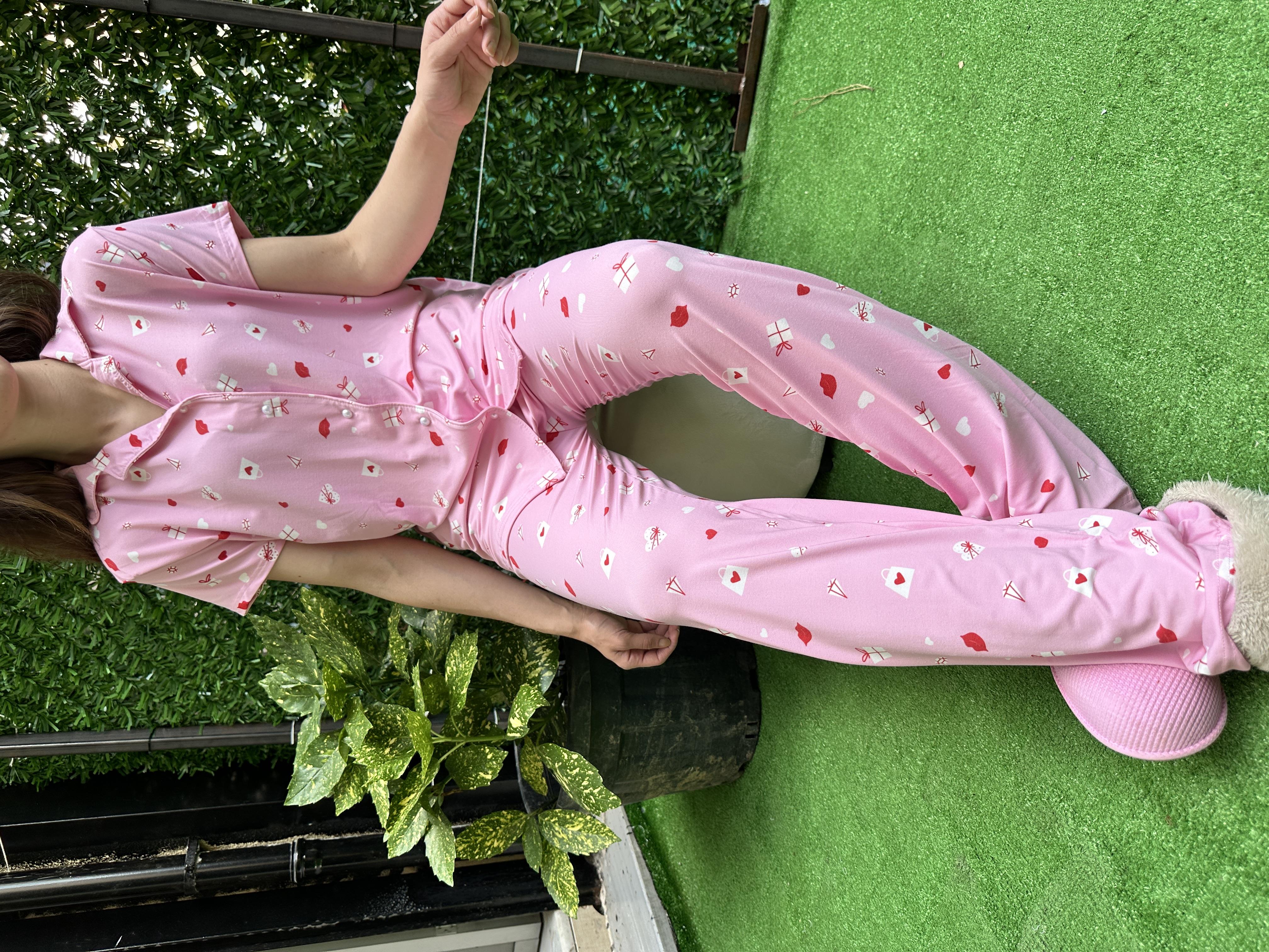 Önden Düğmeli Kısa Kol Milan Pijama Takım Pembe