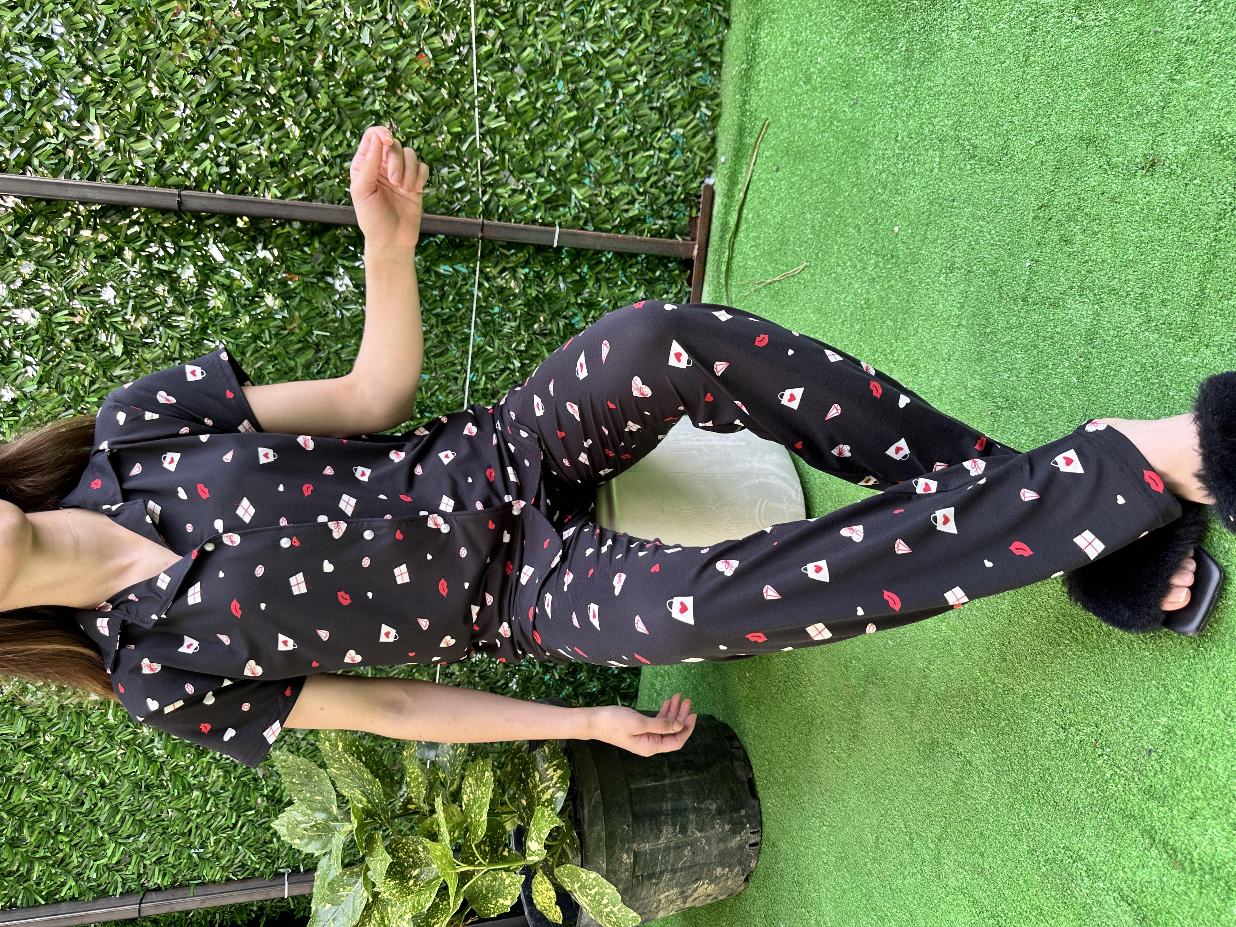 Önden Düğmeli Kısa Kol Milan Pijama Takım Siyah