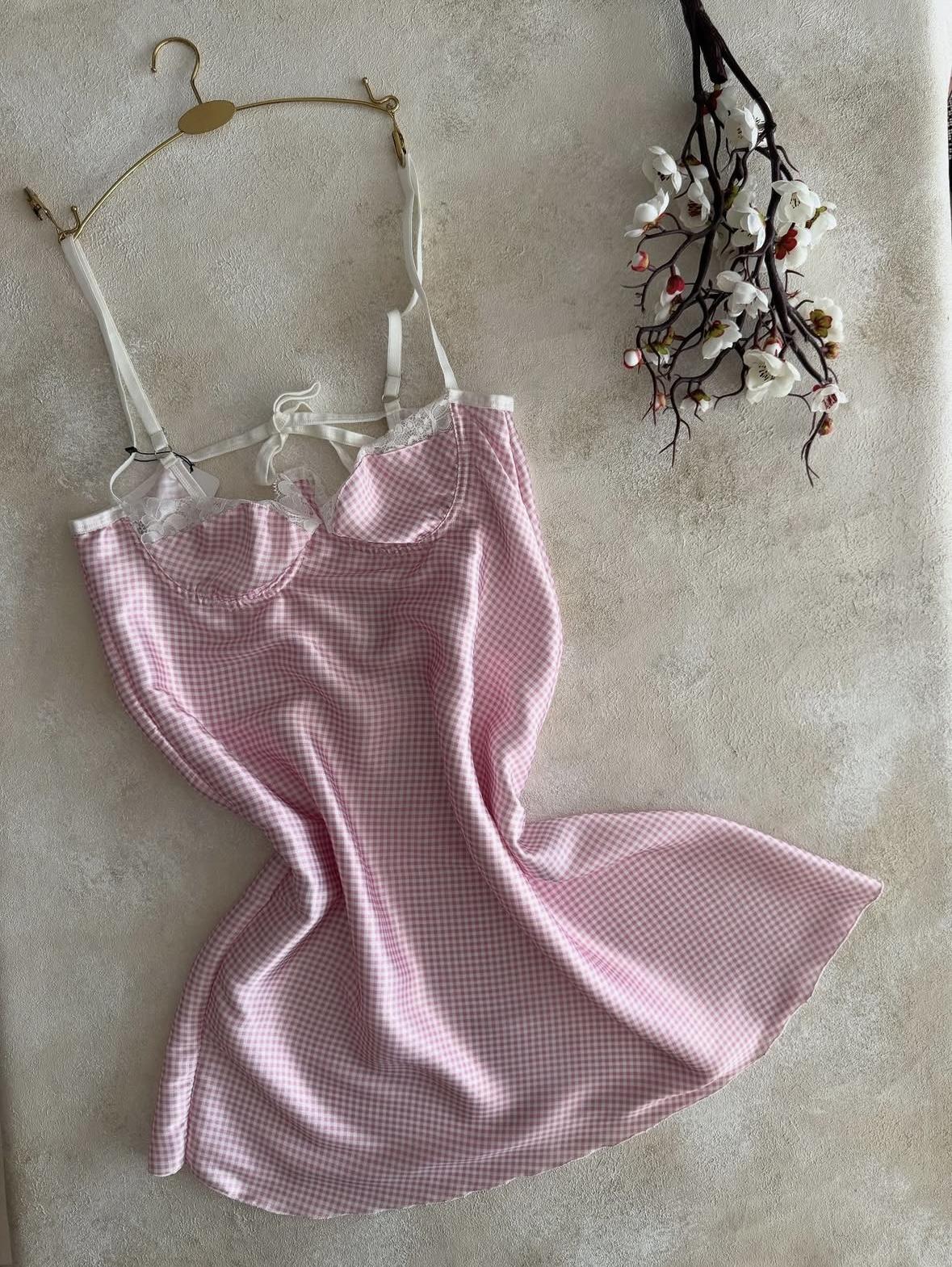 Pötikareli İpek Saten Gecelik Pembe