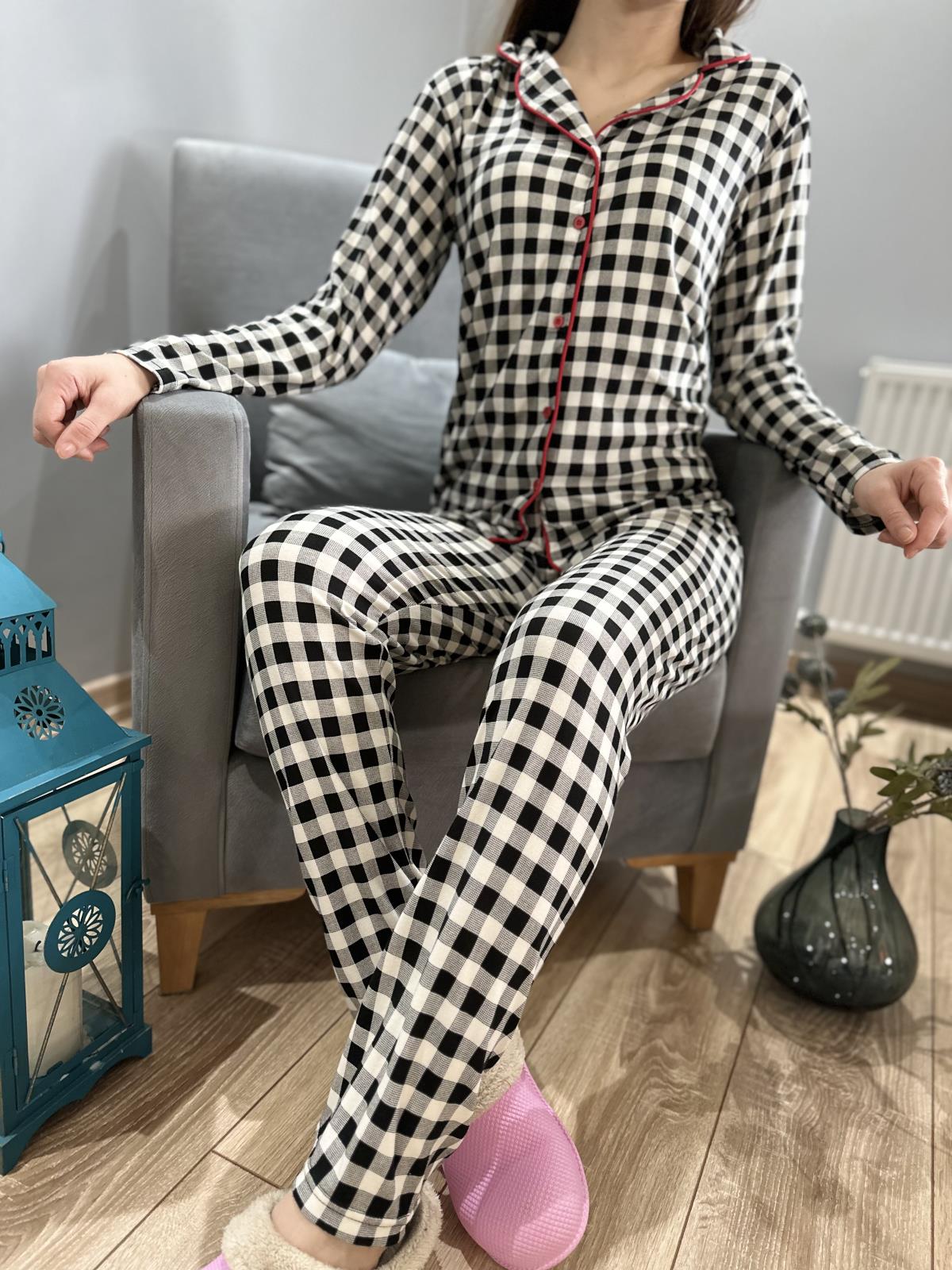 Pötikareli Süet Pijama Takım Siyah-Beyaz