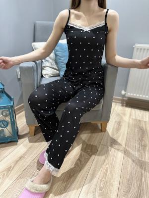 Puantiye Desen Askılı Pijama Takım Siyah