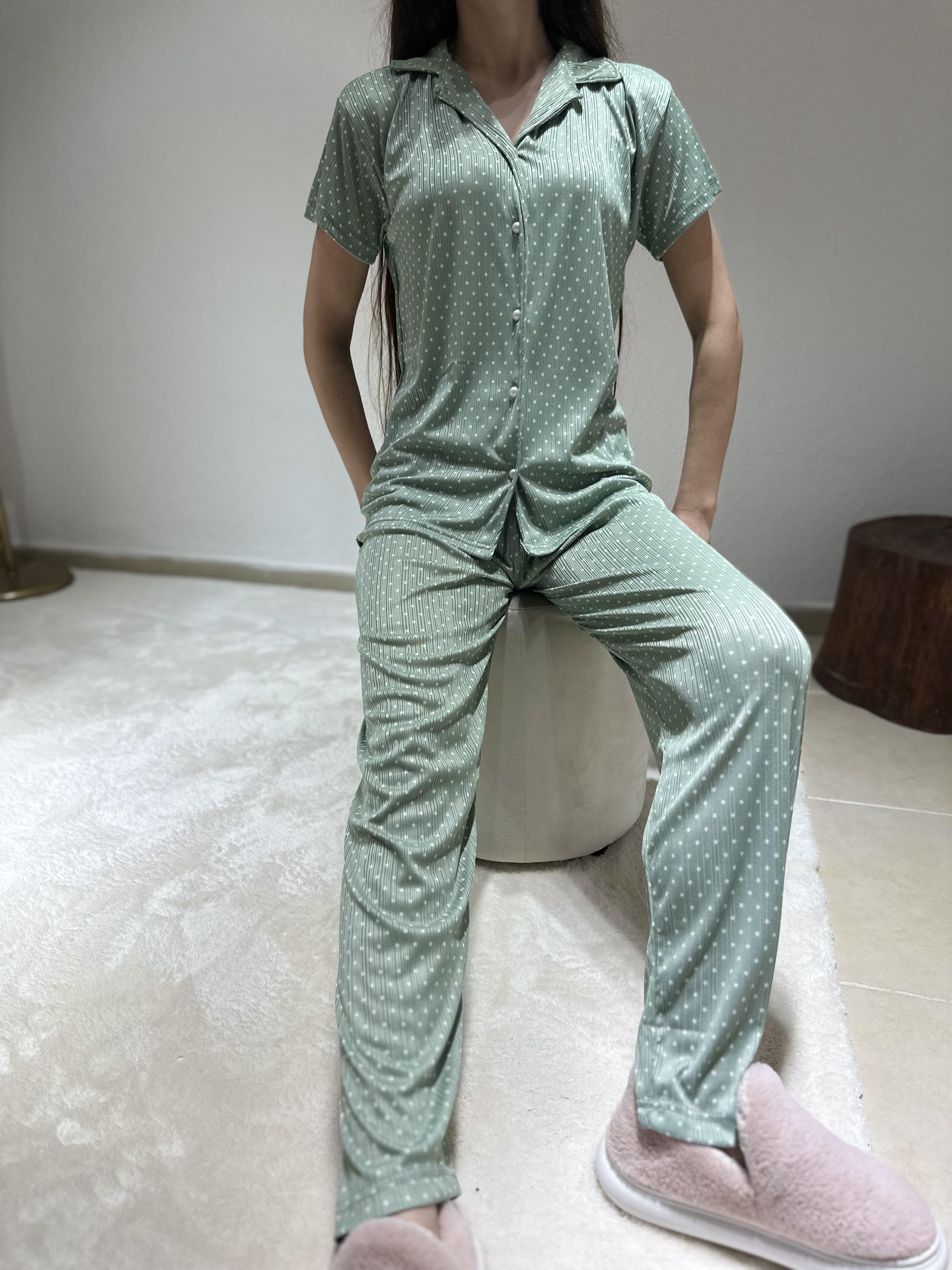 Puantiye Desenli Kısa Kol Pegasus Pijama Takım Yeşil
