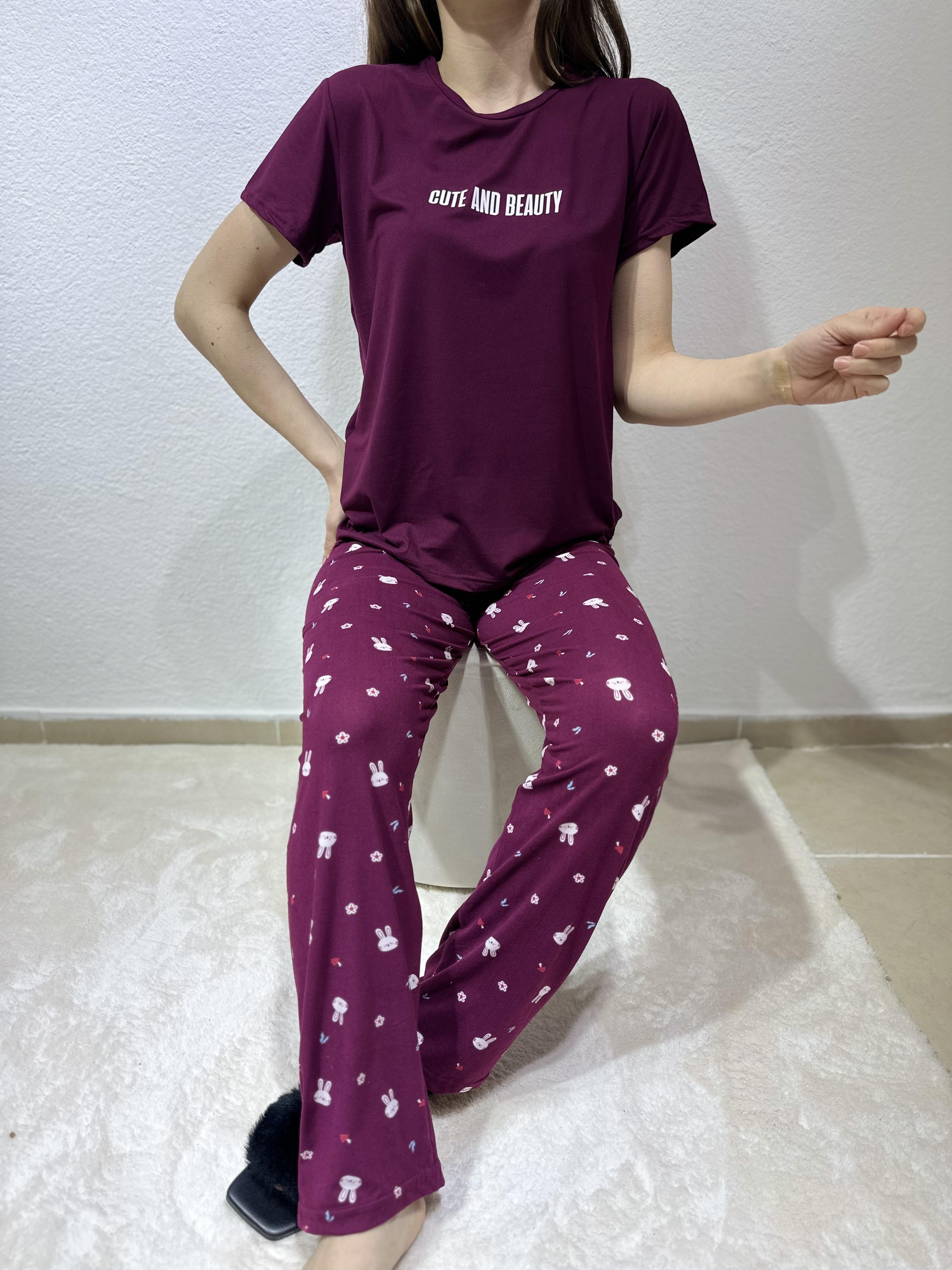 Tavşan Desenli Milan Pijama Takım Mürdüm
