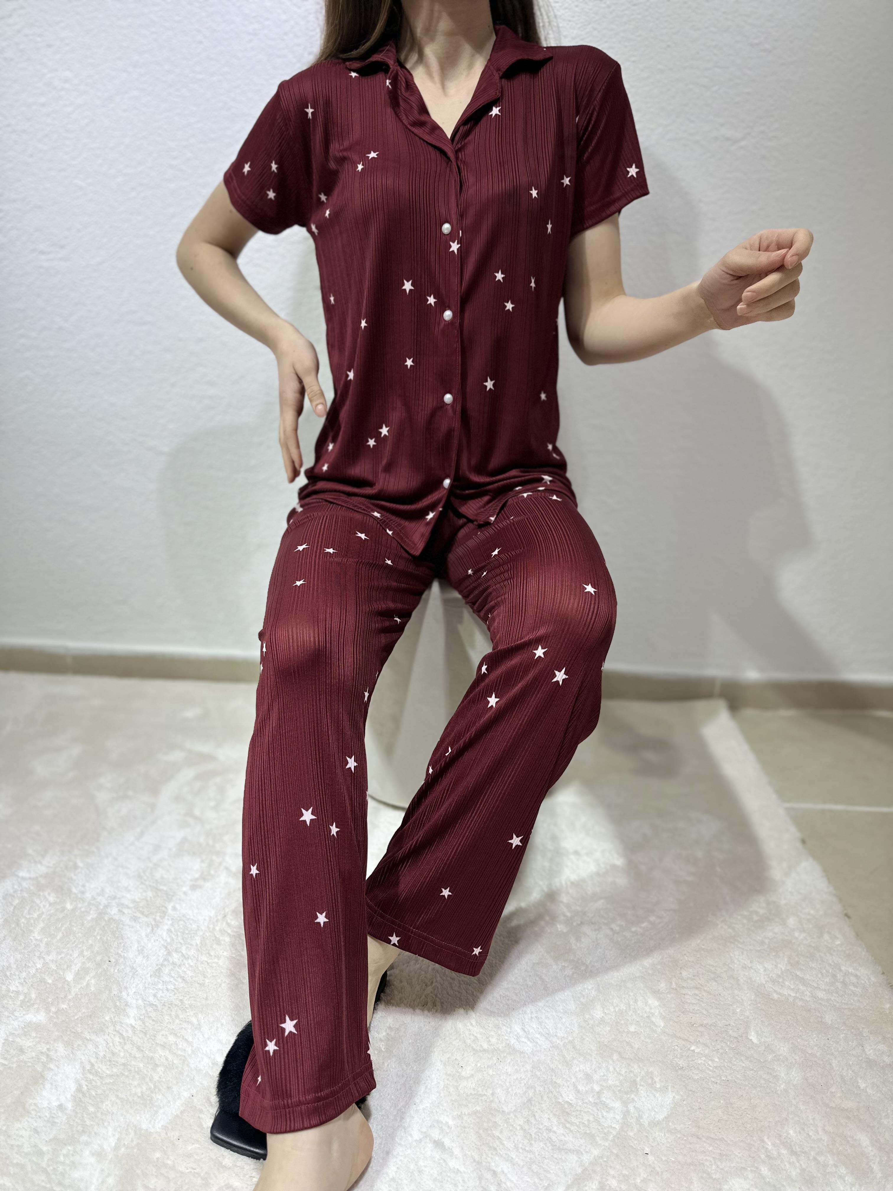Yıldız Desenli Kısa Kol Pegasus Pijama Takım Bordo