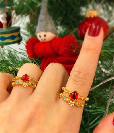 Bijoux Çift Sıra Çiçek Kalp Gold Yüzük