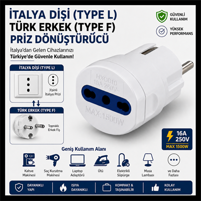 İtalyan Dişi (Type L) Türk Erkek (Type F) Priz Dönüştürücü 16A 250V İtalya Uyumlu 3 Pin Adaptör