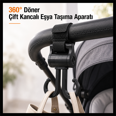 360° Döner Çift Kancalı Eşya Taşıma Aparatı – Bebek Arabası, Bisiklet ve Motosiklet İçin Güçlü Çanta Askısı